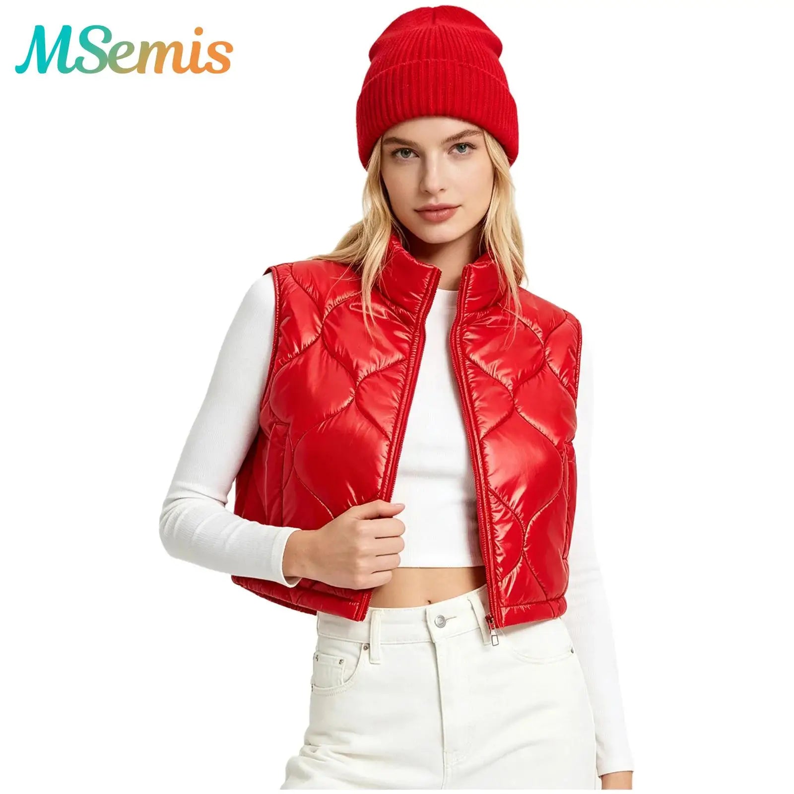 Shiny Glossy Quilted Cropped Puffer Gilet Women Sleeveless Stand Collar Zipper  Tank Top Padded Vest Street Outerwear Waistcoat