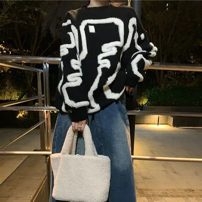 Sweater Woman Winter 2022 Kawaii Dinosaur Korean Style Cartoon Pullovers Long Sleeve Tops Blue Black Jerseys Outfits Streetwear