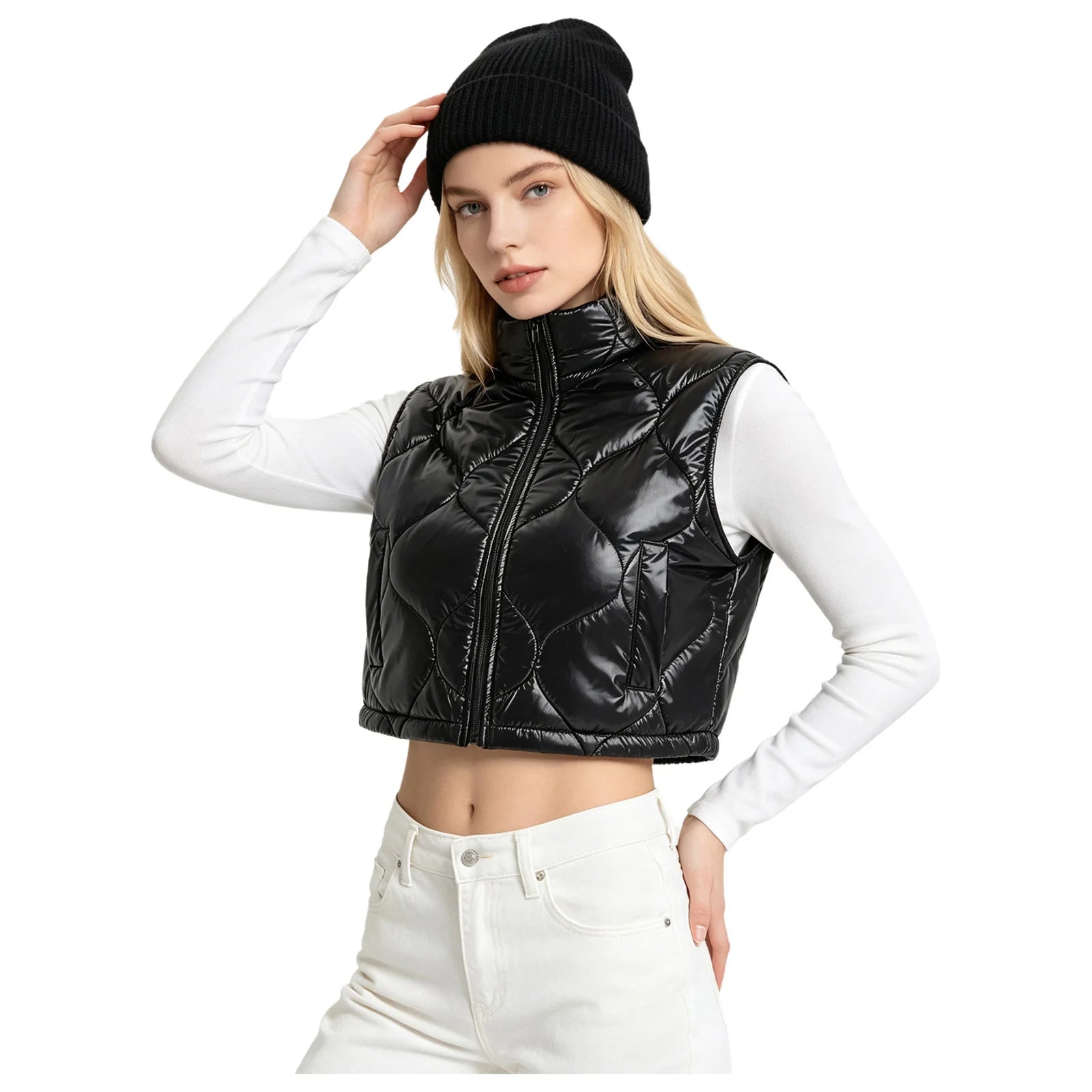 Womens Stand Collar Cropped Puffer Vest Daily Outer Gilet Shiny Quilted Front Zip-up Crop Tank Top Padded Warm Gilet Waistcoat