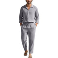 Men Linen 2 Piece Outfit Set Lapel Long Sleeve Sun Protection Shirt + Drawstring Loose Trousers Casual Beach Vacation Daily Suit