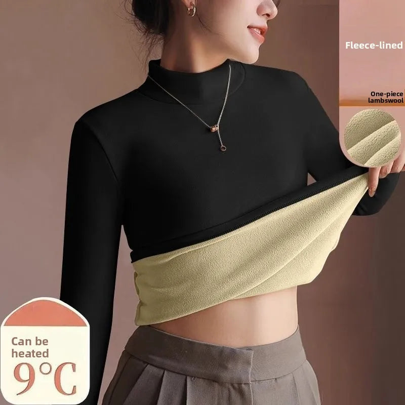 Women's Sweater Autumn Winter Retro with Velvet Lining Thickened Inner Wear Thermal Clothes Long-sleeved T-shirt Bottoming Shirt