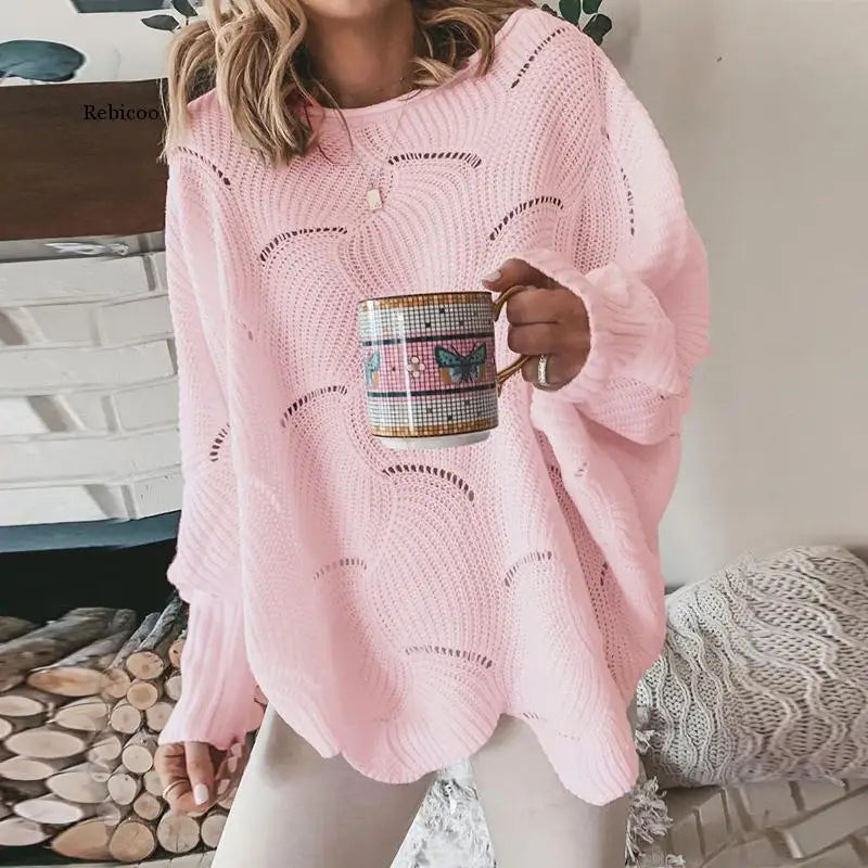 Women's Sweater 2022 Autumn Winter Elegant Hollow Out Loose Knitted Ladies Pullovers Casual Crew Neck Solid Lantern Sleeve Tops