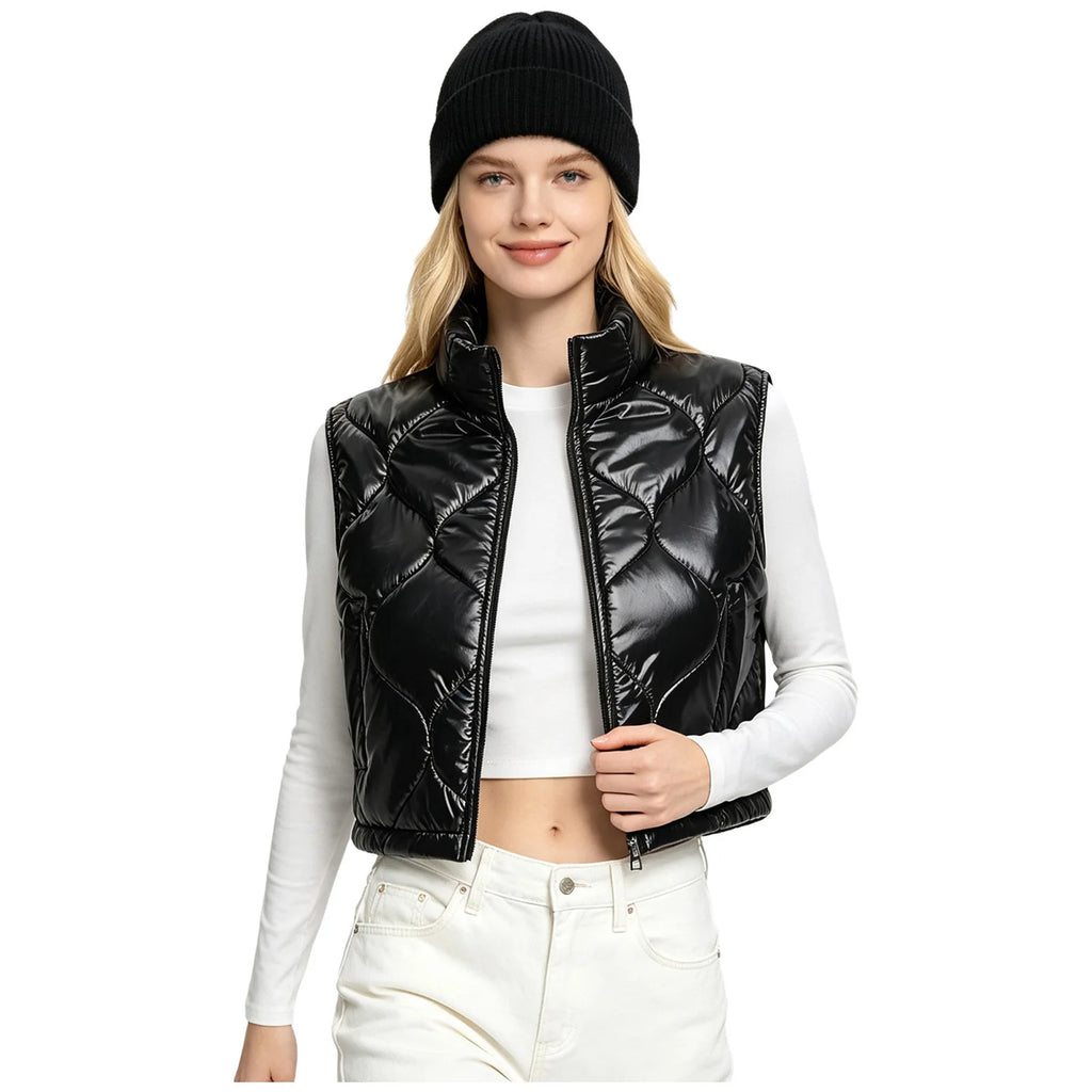 Womens Stand Collar Cropped Puffer Vest Daily Outer Gilet Shiny Quilted Front Zip-up Crop Tank Top Padded Warm Gilet Waistcoat