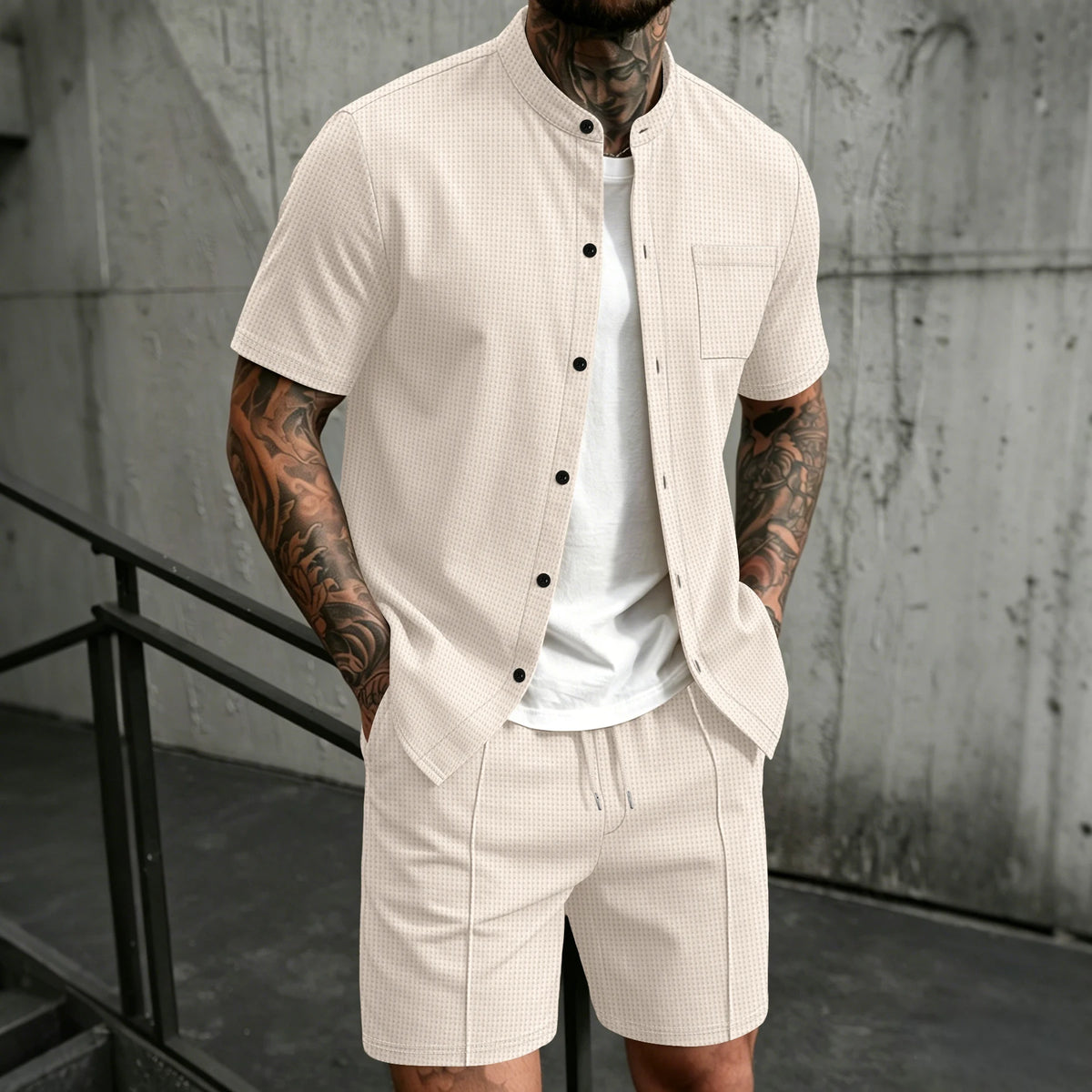 Men's 2 Piece Outfit, Stand Collar Short Sleeve Shirt with Chest Pocket and Drawstring Shorts, Casual Co Ord Set