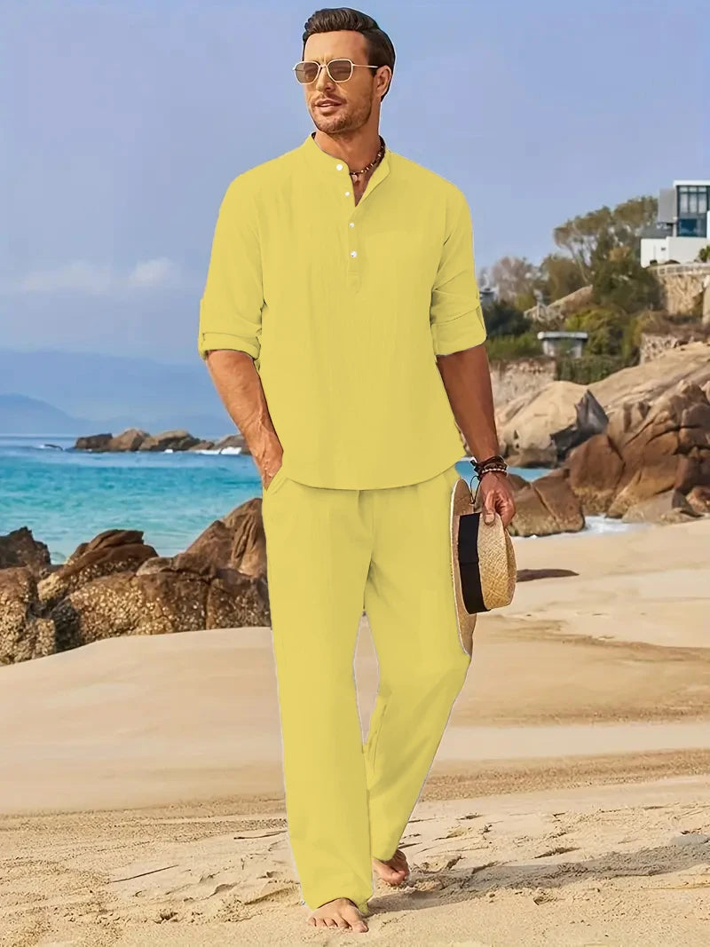 Men's White Linen Suit Set Long Sleeve Henley Shirt and Elastic Waist Pants Two Piece Outfit Summer Casual Comfortable