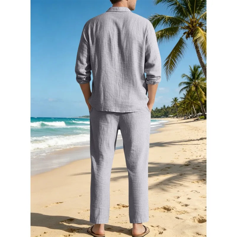 Men Linen 2 Piece Outfit Set Lapel Long Sleeve Sun Protection Shirt + Drawstring Loose Trousers Casual Beach Vacation Daily Suit