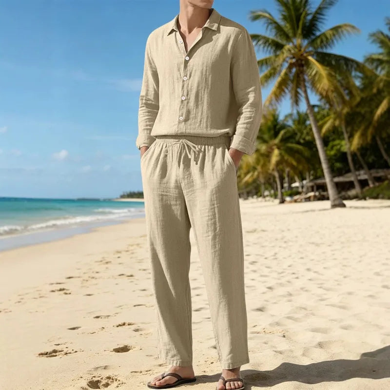 Men Linen 2 Piece Outfit Set Lapel Long Sleeve Sun Protection Shirt + Drawstring Loose Trousers Casual Beach Vacation Daily Suit