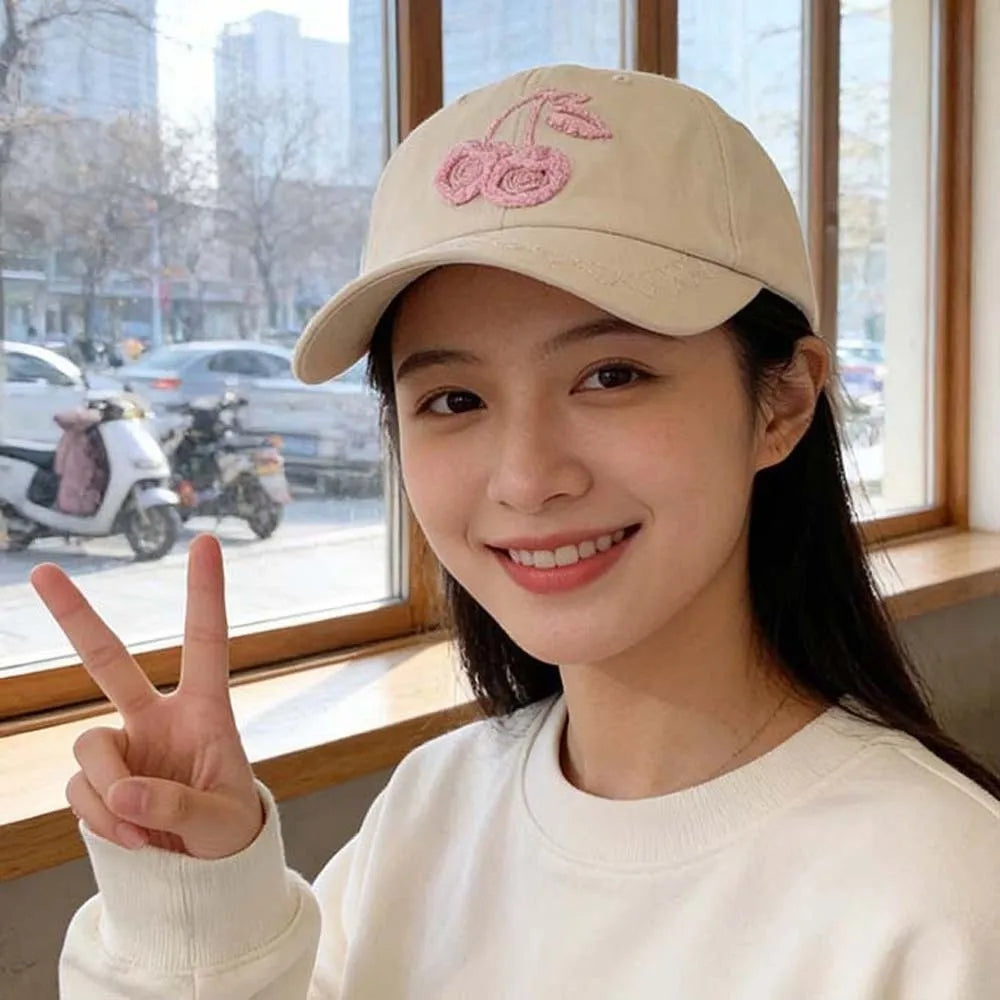 Casual Adjustable Cherry Baseball Cap Korean Style Sunscreen Embroidered Peaked Hat Hip-hop Versatile Sunshade Casquette Women